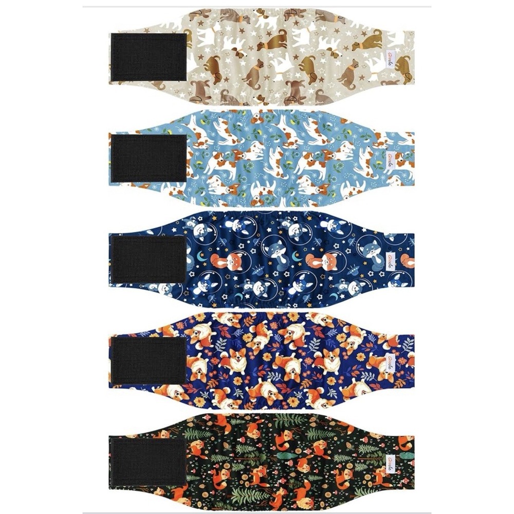 Grecle 5-Pack Male Dog Diapers Reusable Premium Belly Bands, Cute Puppies XL